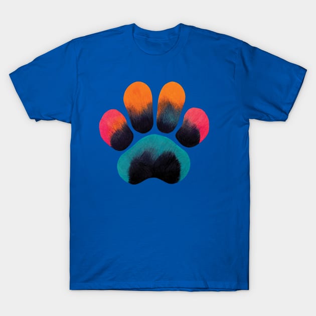 Colourful Paw Print Pet Pattern on Blue T-Shirt by Geminiartstudio